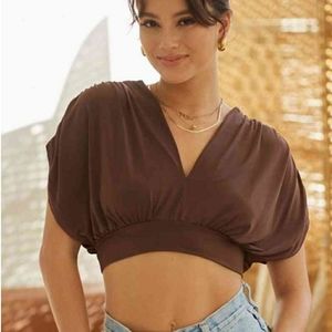 V Neck Puff Sleeve Crop Top